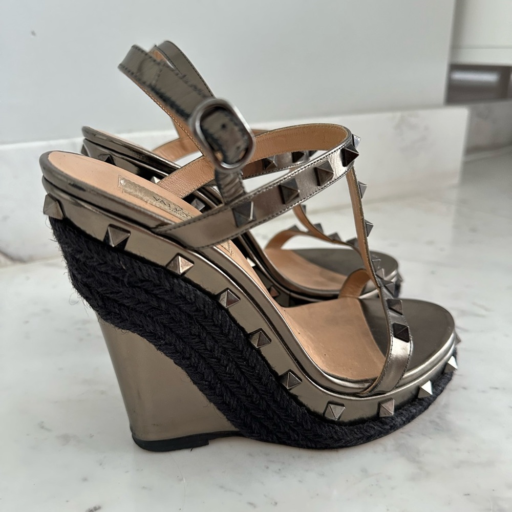 Valentino Garavani Metallic Pewter Studded Wedge Sandals with Black Rope